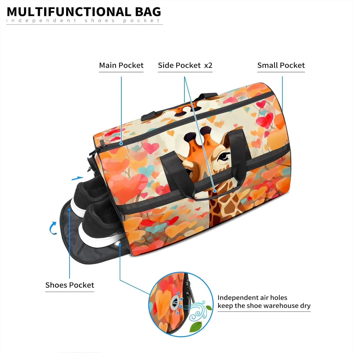 Gym Bag for Women, Carry on Weekender Overnight Bag, Travel Duffel Bags, Personal Item Travel Bag Tote Bag Workout Dance Bag, Heart Flowers Giraffe - 16