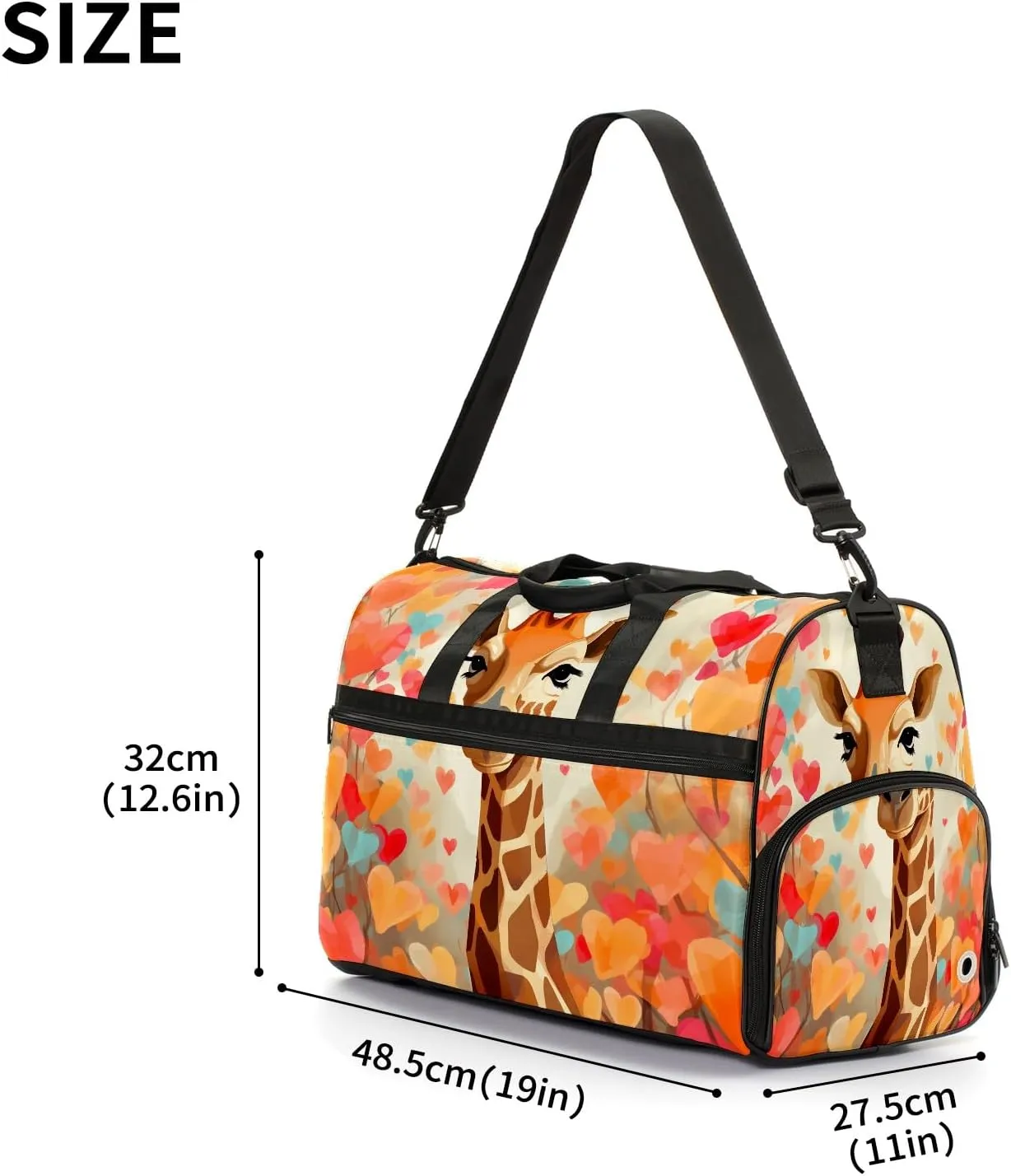 Gym Bag for Women, Carry on Weekender Overnight Bag, Travel Duffel Bags, Personal Item Travel Bag Tote Bag Workout Dance Bag, Heart Flowers Giraffe - 16