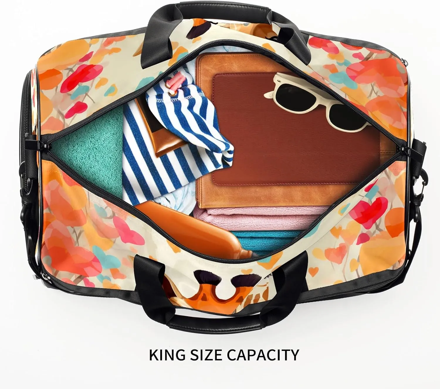 Gym Bag for Women, Carry on Weekender Overnight Bag, Travel Duffel Bags, Personal Item Travel Bag Tote Bag Workout Dance Bag, Heart Flowers Giraffe - 16