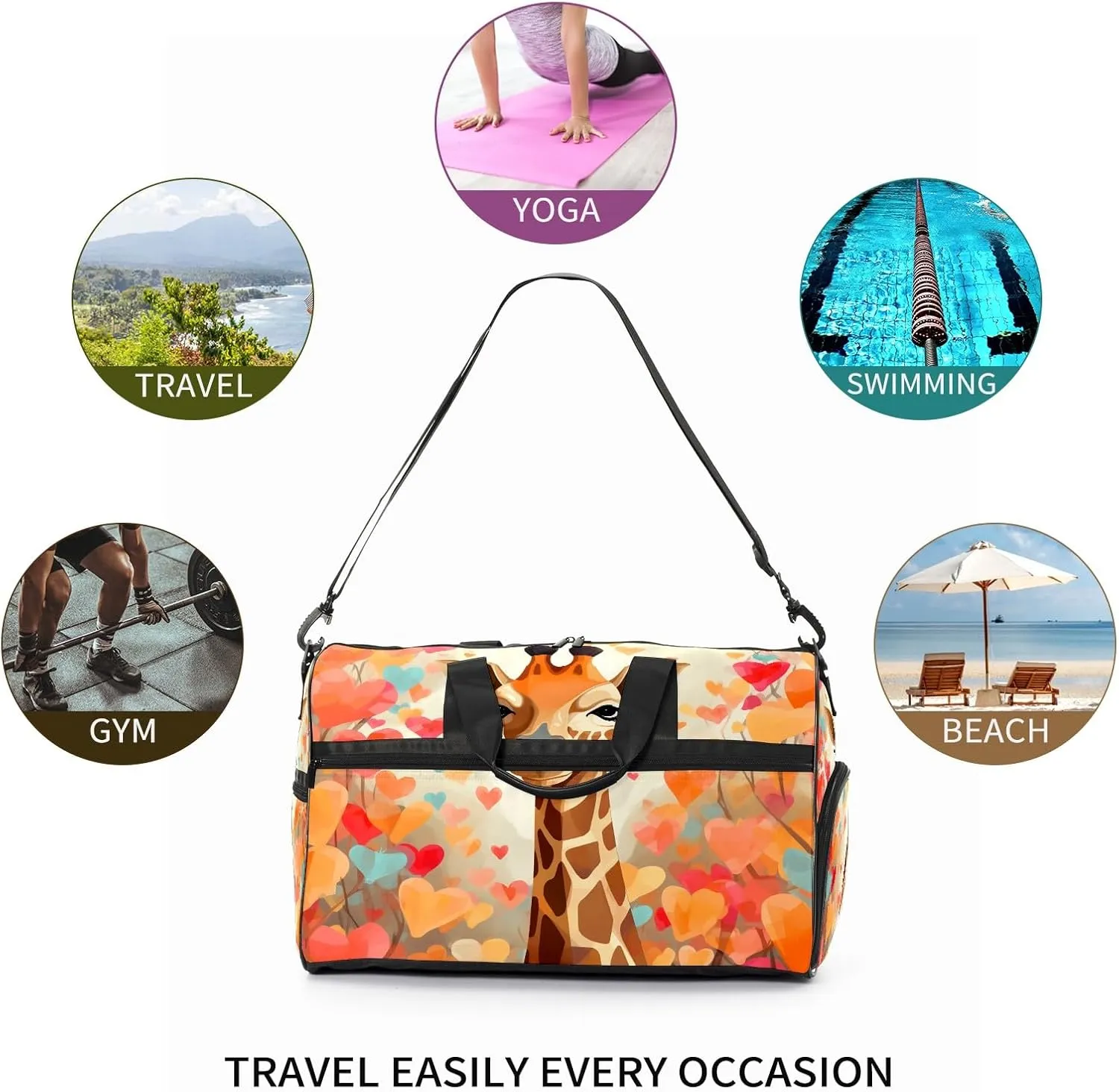 Gym Bag for Women, Carry on Weekender Overnight Bag, Travel Duffel Bags, Personal Item Travel Bag Tote Bag Workout Dance Bag, Heart Flowers Giraffe - 16
