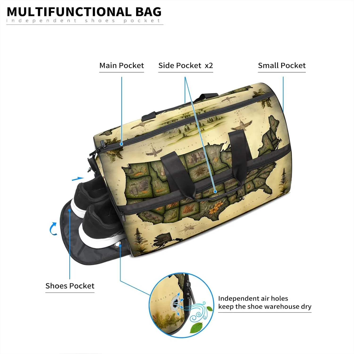 Gym Bag for Women Men, Yoga Bag with Shoe Pocket, Travel Duffel Tote Bag for Plane, Workout, Swimming, Weekend Overnight Bag Carry on Bag Hospital Holdalls, America Map - 8