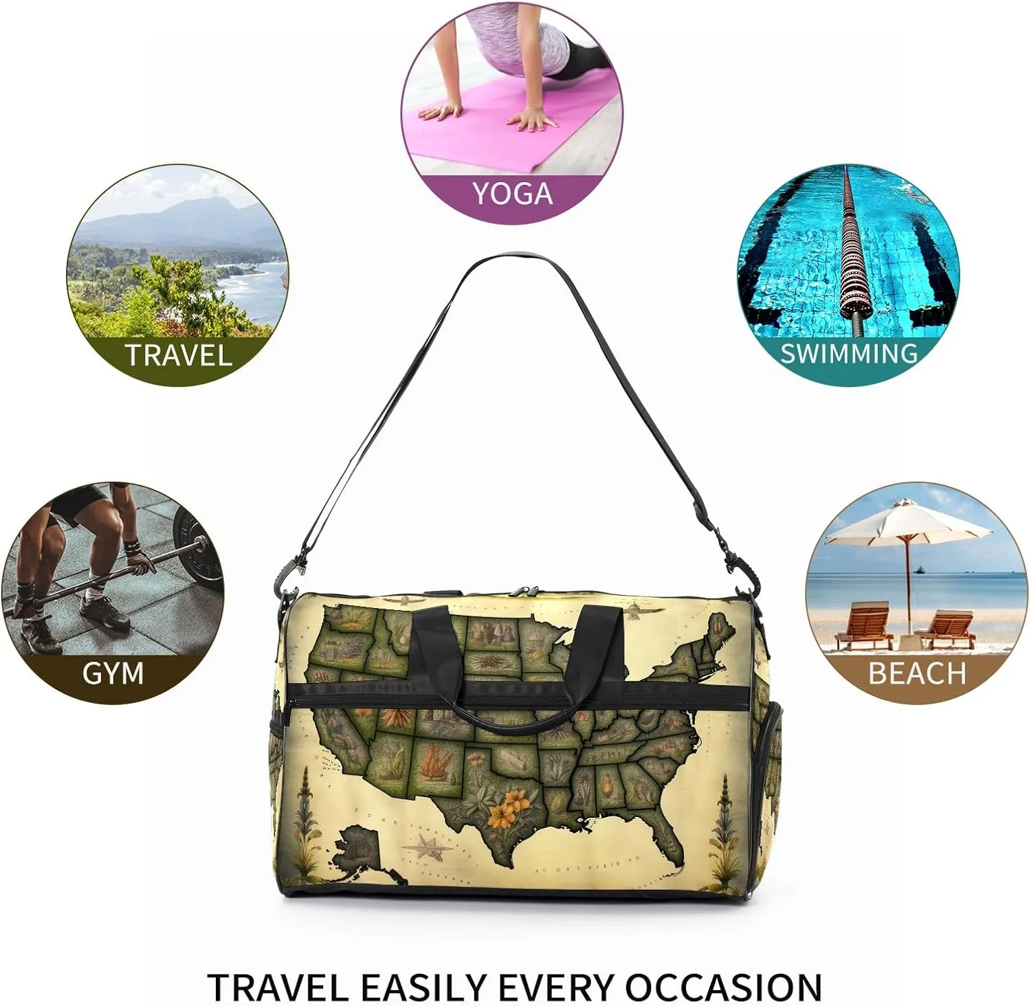 Gym Bag for Women Men, Yoga Bag with Shoe Pocket, Travel Duffel Tote Bag for Plane, Workout, Swimming, Weekend Overnight Bag Carry on Bag Hospital Holdalls, America Map - 8