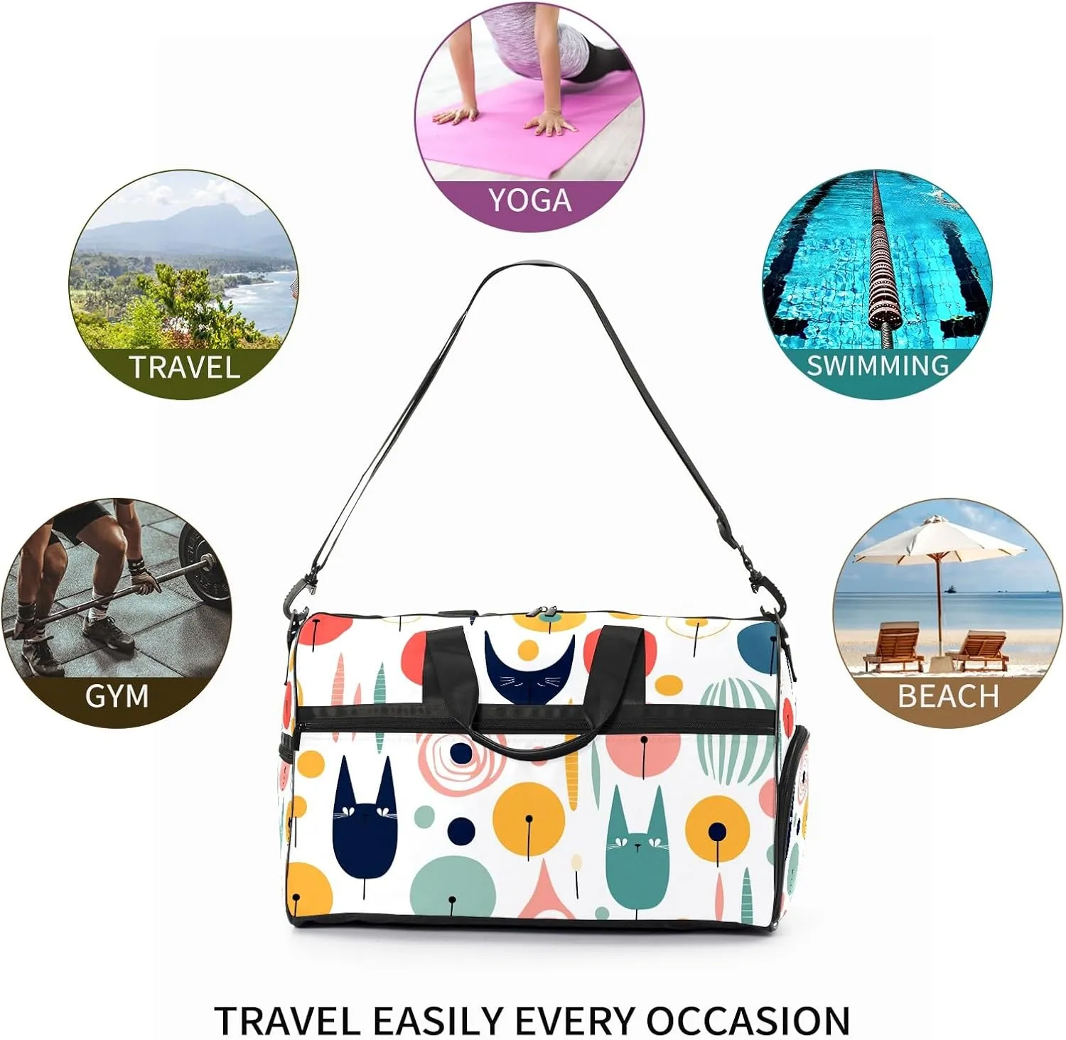 Gym Bag for Women Men, Yoga Bag with Shoe Pocket, Travel Duffel Tote Bag for Plane, Workout, Swimming, Weekend Overnight Bag Carry on Bag Hospital Holdalls, Cat Simple Drawing - 2