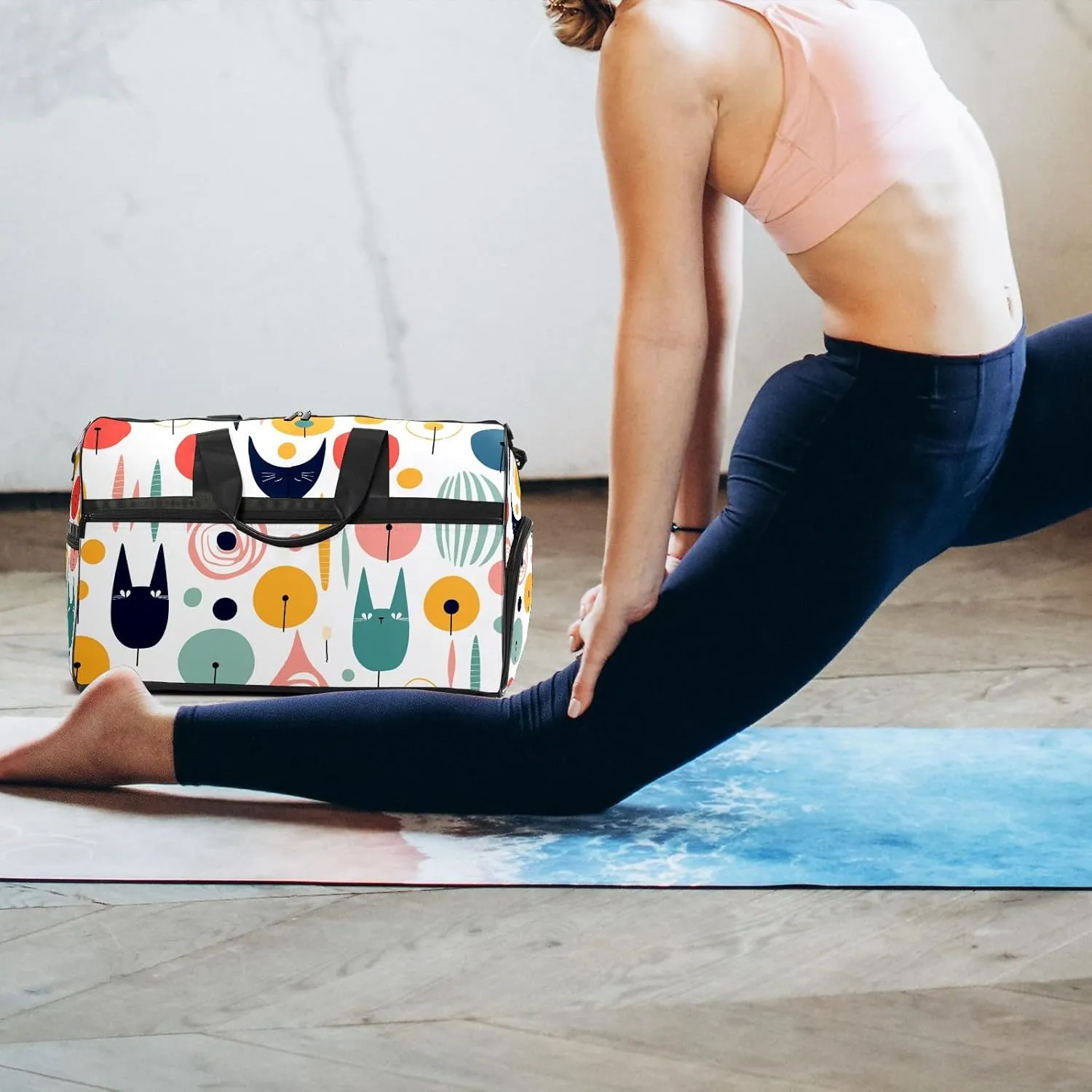 Gym Bag for Women Men, Yoga Bag with Shoe Pocket, Travel Duffel Tote Bag for Plane, Workout, Swimming, Weekend Overnight Bag Carry on Bag Hospital Holdalls, Cat Simple Drawing - 2