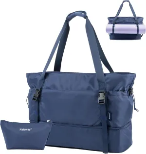 Gym Bag for Women Sports Travel Duffle Bag Tote Bag with Shoes Compartment and Wet Pocket, Yoga Mat Bag Overnight Weekender Bag (Dark blue)