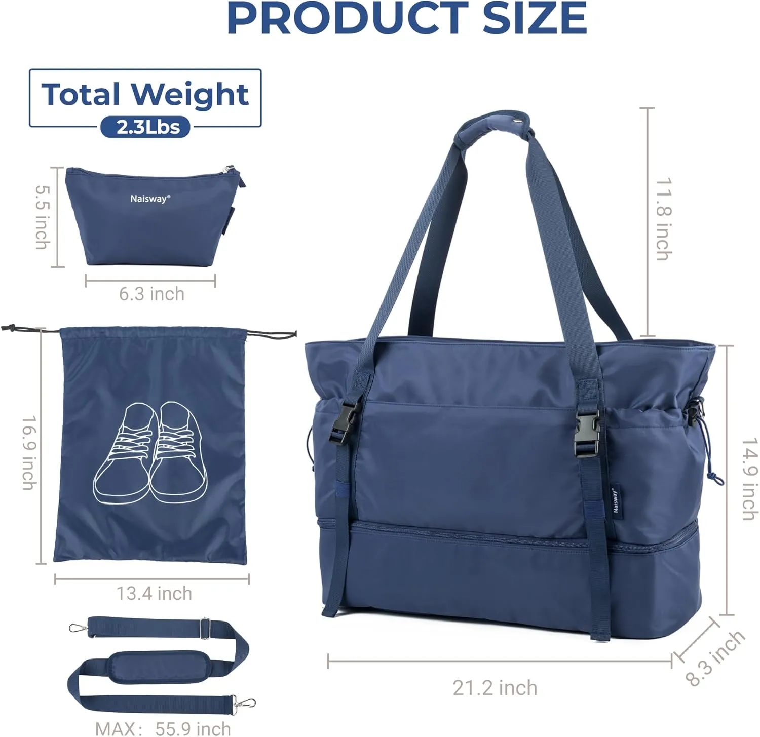 Gym Bag for Women Sports Travel Duffle Bag Tote Bag with Shoes Compartment and Wet Pocket, Yoga Mat Bag Overnight Weekender Bag (Dark blue)