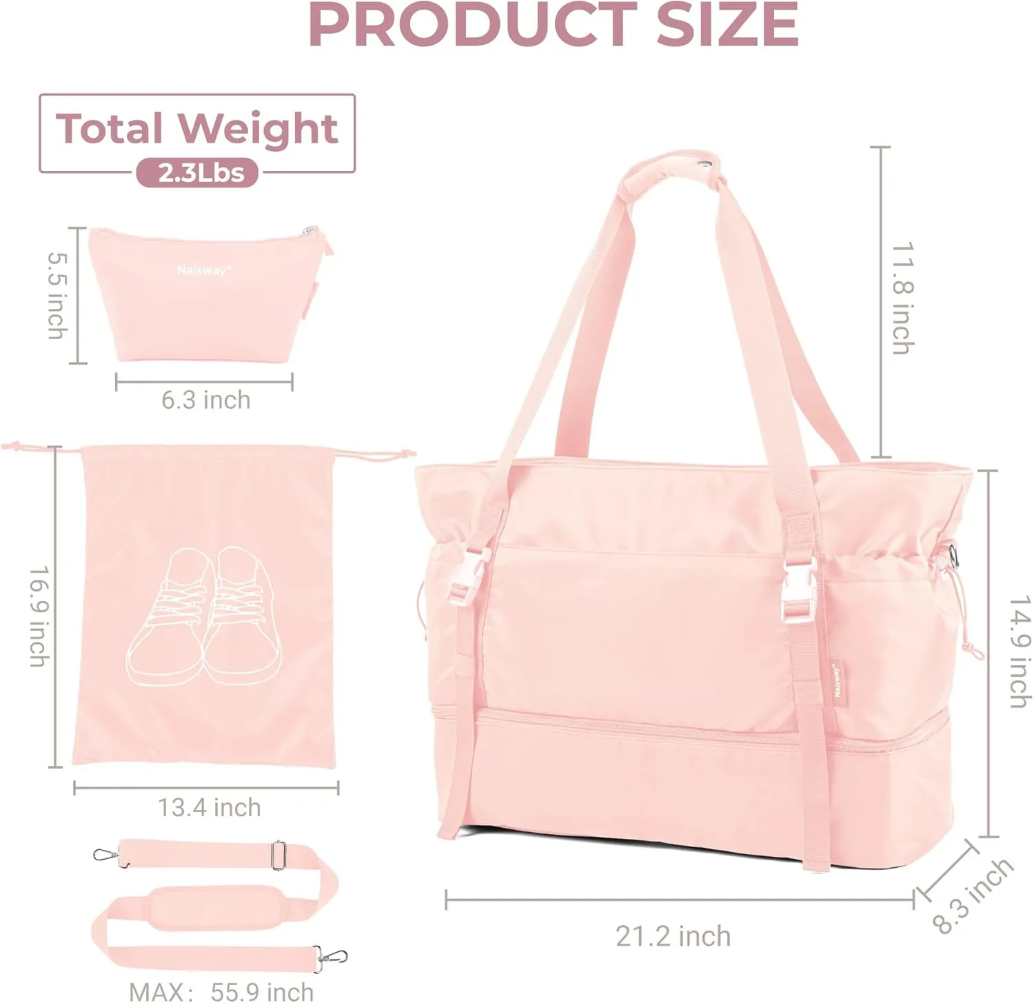 Gym Bag for Women Sports Travel Duffle Bag Tote Bag with Shoes Compartment and Wet Pocket, Yoga Mat Bag Overnight Weekender Bag (Pink)