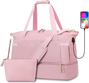Gym Bag for Women, Weekender Overnight Bag with USB Charging Port, Sports Travel Duffel Bag with Wet Pocket and Shoes Compartment for Women Travel, Gym, Yoga (pink)