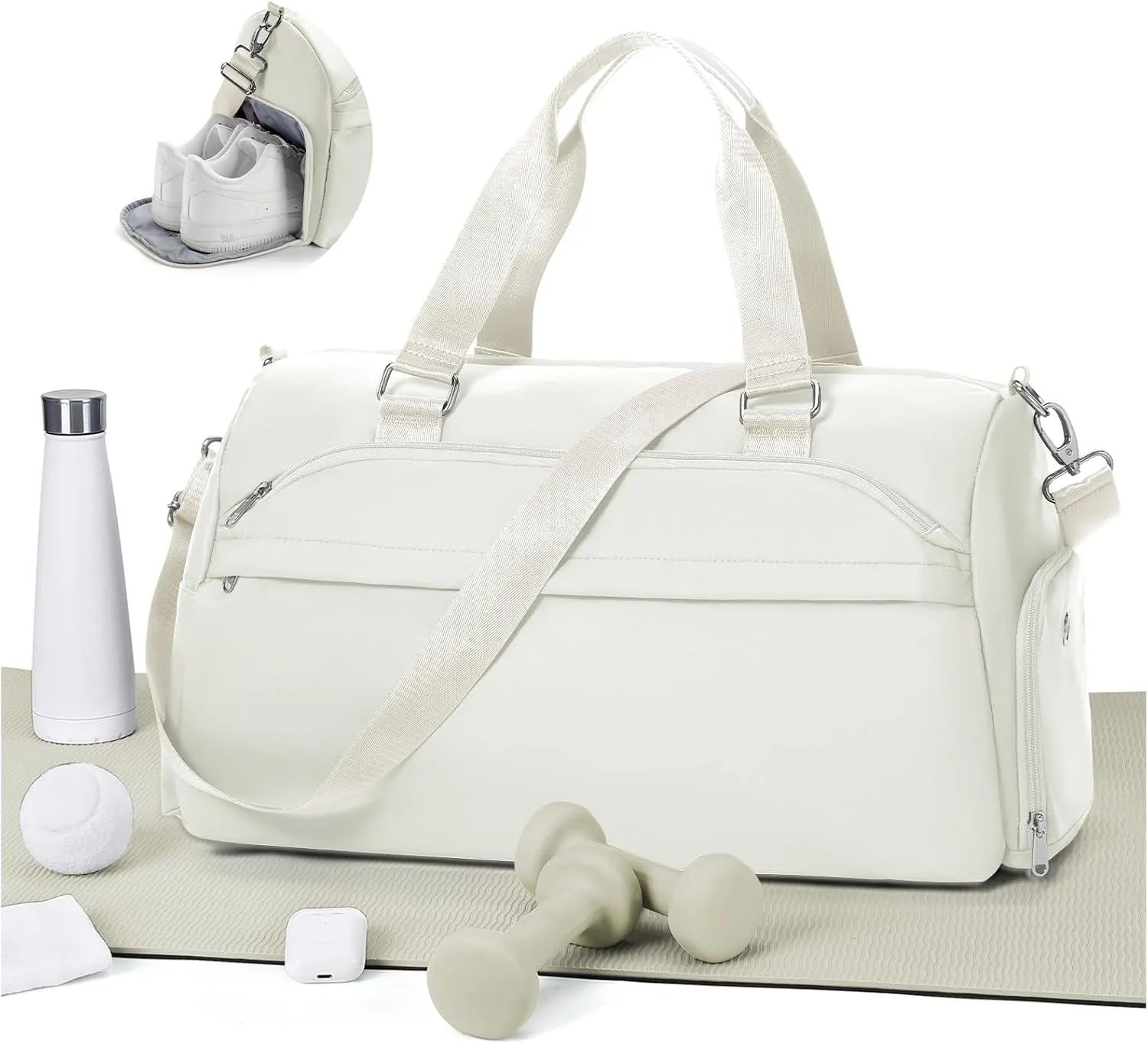 Gym Bag for Women with Shoe Compartment,Travel Duffel Bag for Men Sports Gym Tote Bags Carry on Overnight Bag Personal Item Travel Bag Weekender Bags Swimming Yoga Workout Bag Beige