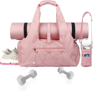 Gym Bag for Womens,Pink Travel Duffel Bag with Shoes Compartment and Wet Pocket Water Bottle Carrier Bag Multi-Functional Bags Ideal for Travel, Gym, Sports, Weekender