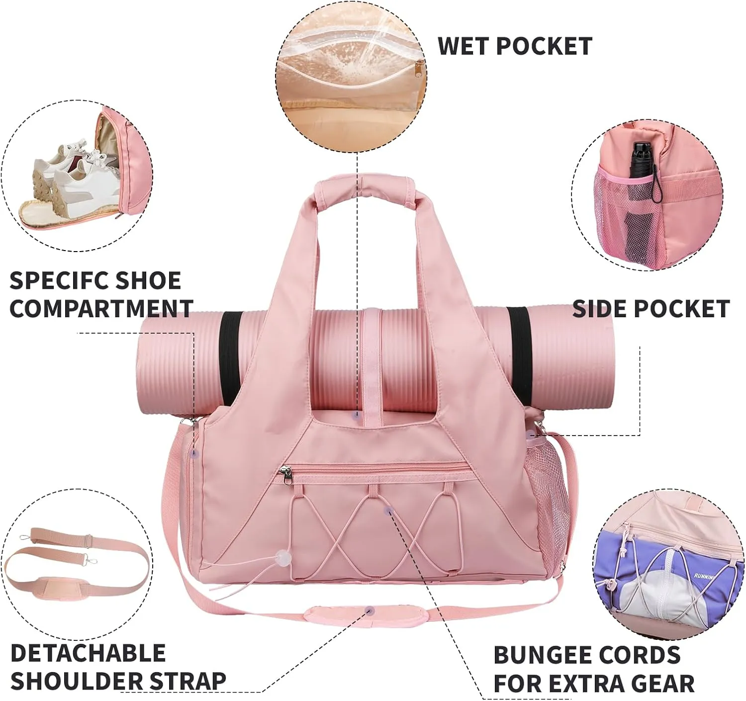 Gym Bag for Womens,Pink Travel Duffel Bag with Shoes Compartment and Wet Pocket Water Bottle Carrier Bag Multi-Functional Bags Ideal for Travel, Gym, Sports, Weekender