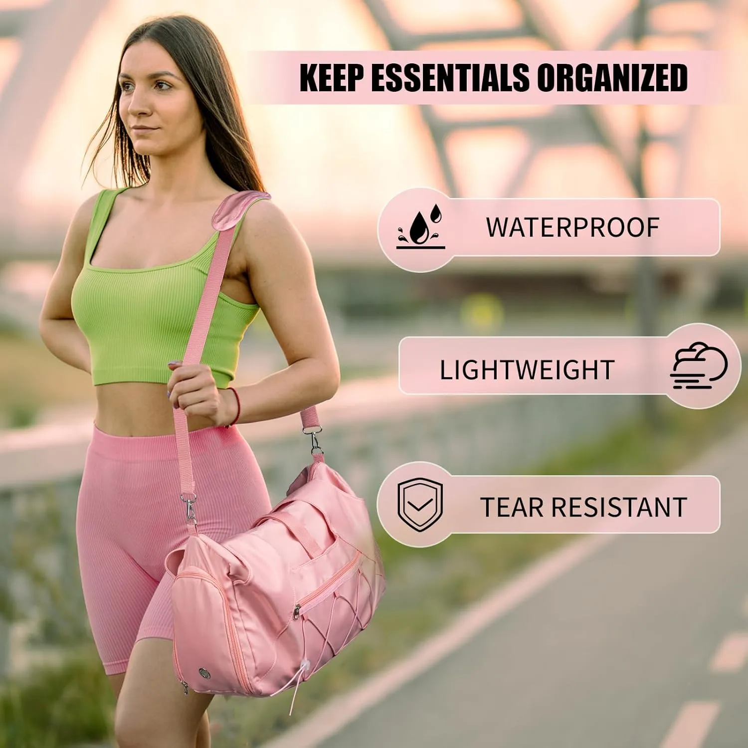 Gym Bag for Womens,Pink Travel Duffel Bag with Shoes Compartment and Wet Pocket Water Bottle Carrier Bag Multi-Functional Bags Ideal for Travel, Gym, Sports, Weekender