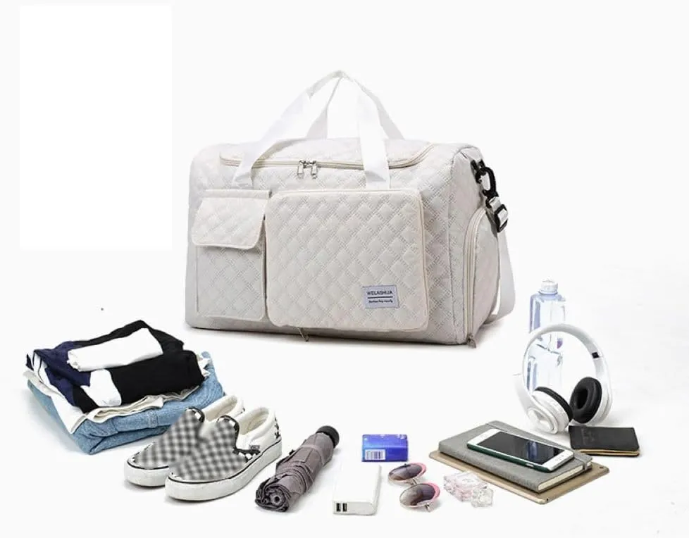 Gym Bag for Women,Sports Travel Duffel Bag, Weekender Overnight Bag with Wet Pocket and Shoes Compartment for Women, Travel,Workout,Gym, Yoga 707 (White)