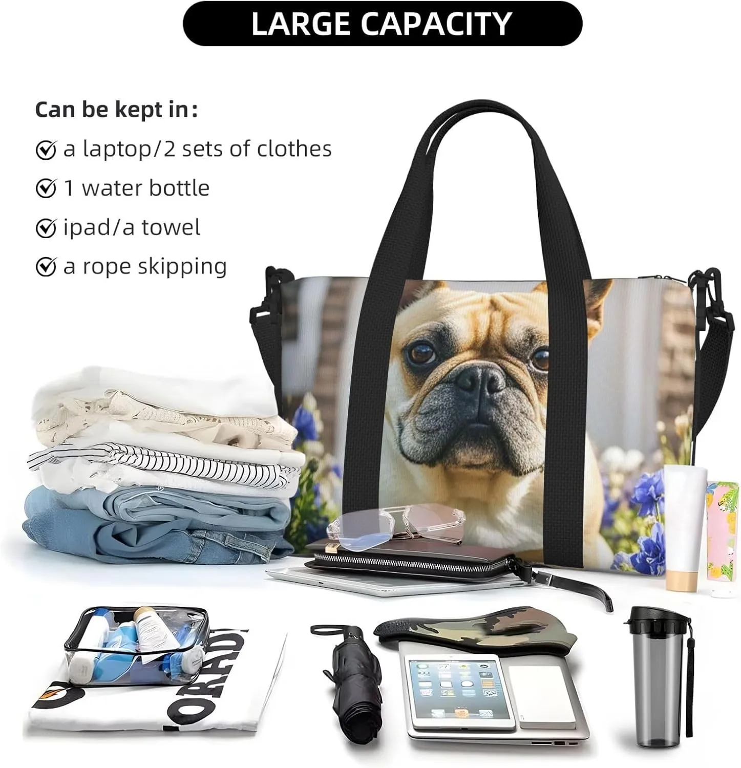 Gym Bag French Bulldog Dog Cute Duffel Bag for Men Women Travel Overnight Bag with Shoe Compartment Workout Bags