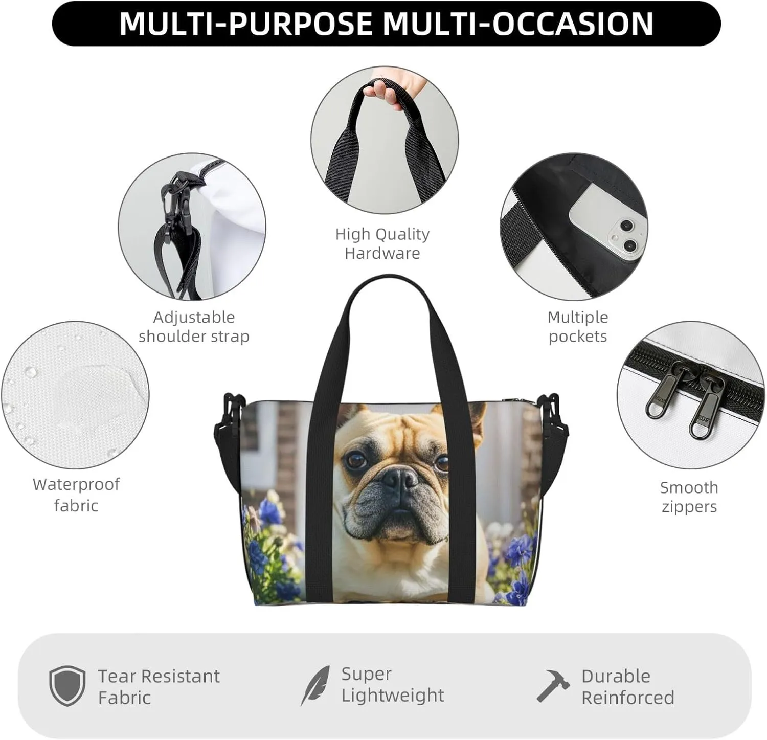 Gym Bag French Bulldog Dog Cute Duffel Bag for Men Women Travel Overnight Bag with Shoe Compartment Workout Bags