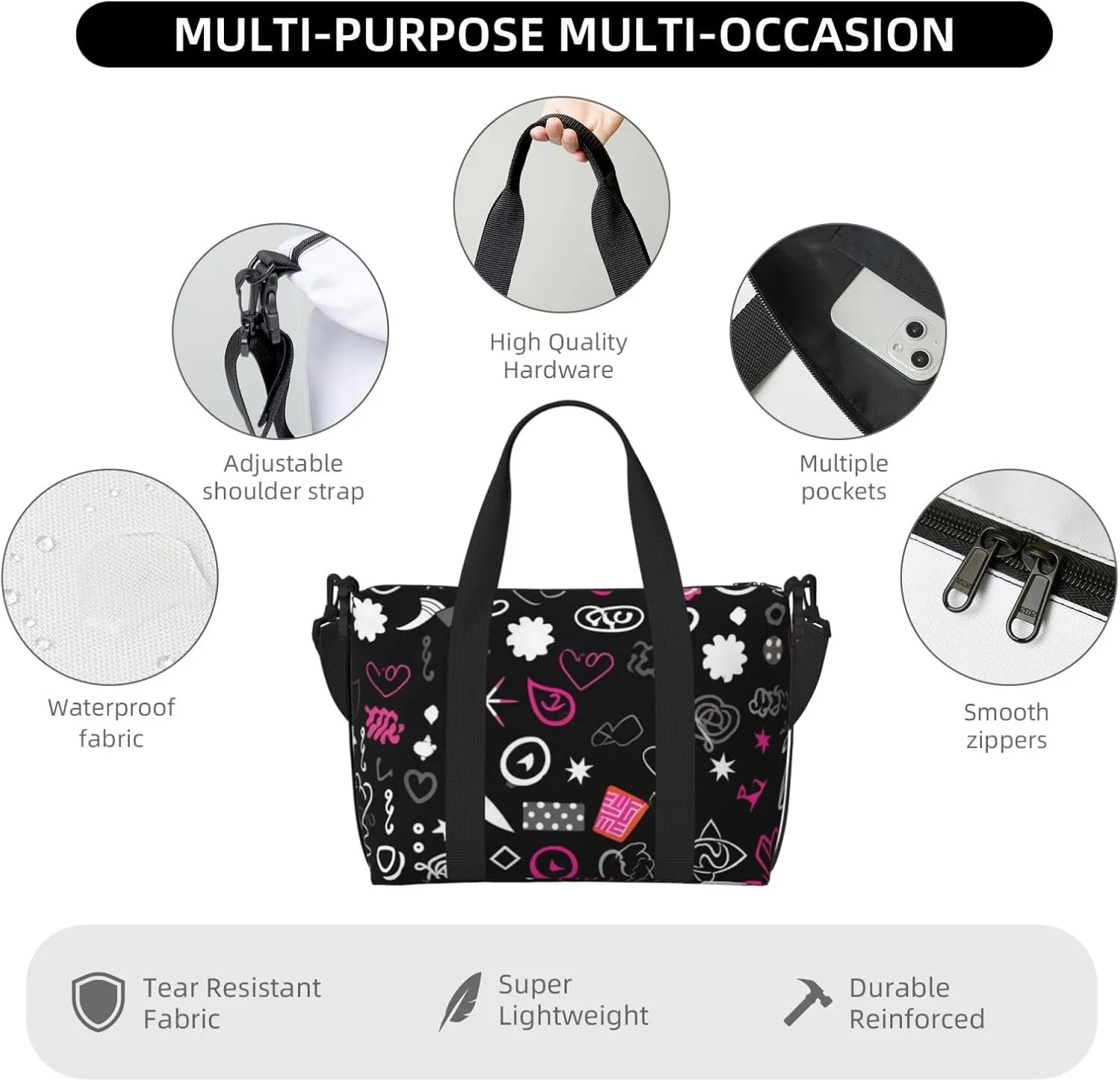 Gym Bag Multiple Symbols Duffel Bag for Men Women Travel Overnight Bag with Shoe Compartment Workout Bags