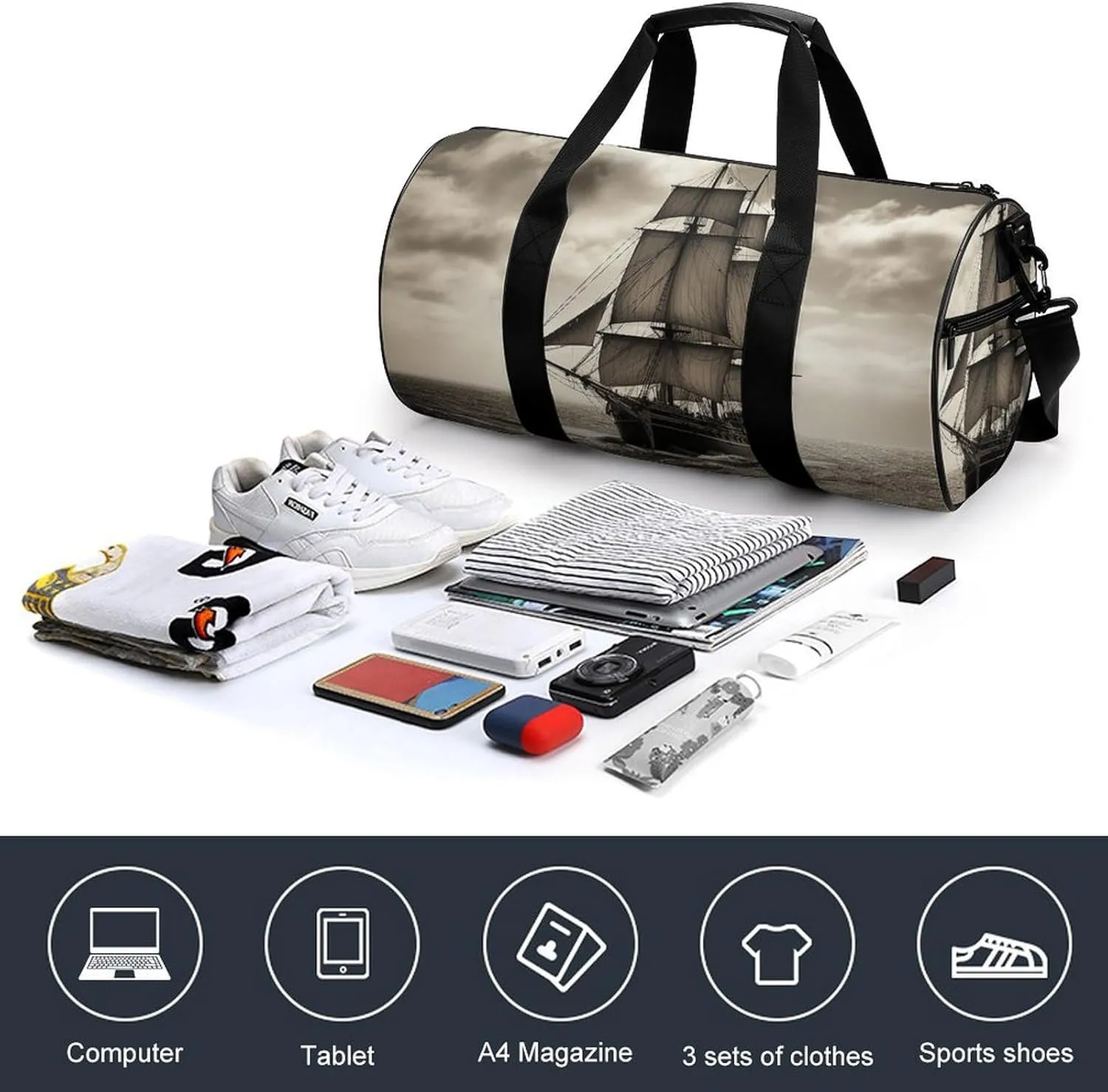 Gym Bag Nautical Sailing Pirate Theme Duffel Bag for Men Women Overnight Bag with Shoe Compartment Workout Bags