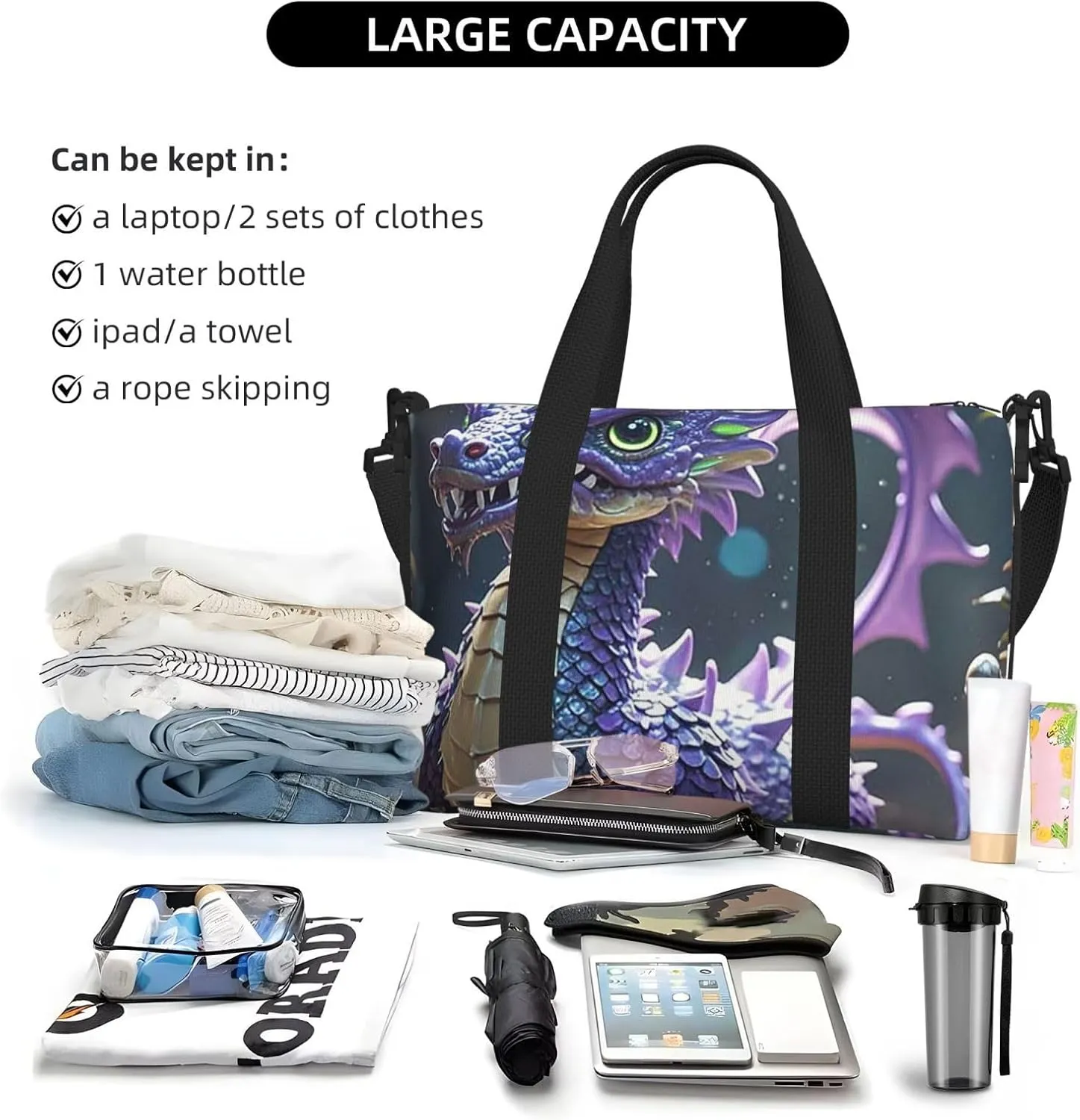 Gym Bag Purple Cool Dragon2 Duffel Bag for Men Women Travel Overnight Bag with Shoe Compartment Workout Bags