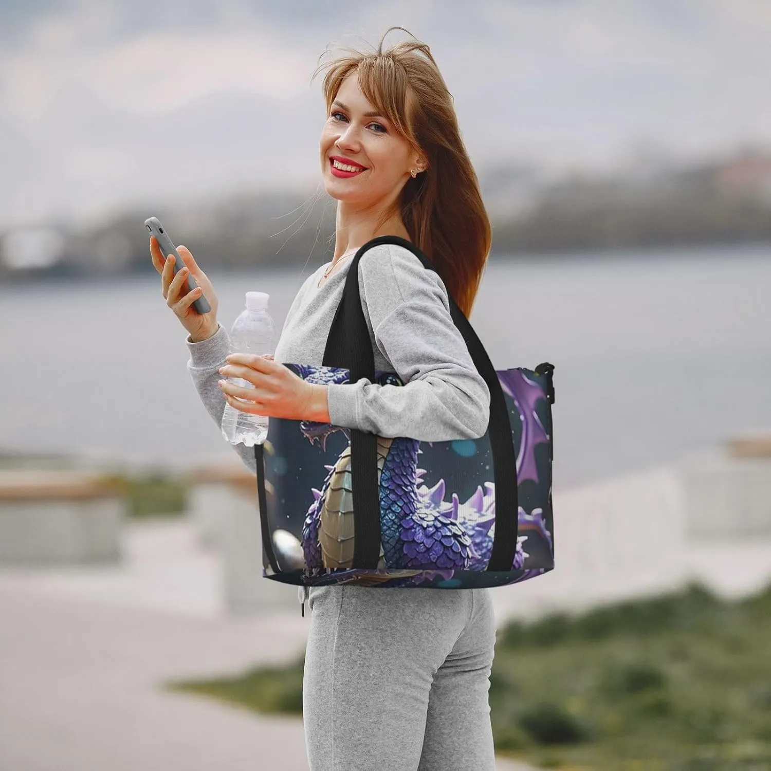 Gym Bag Purple Cool Dragon2 Duffel Bag for Men Women Travel Overnight Bag with Shoe Compartment Workout Bags