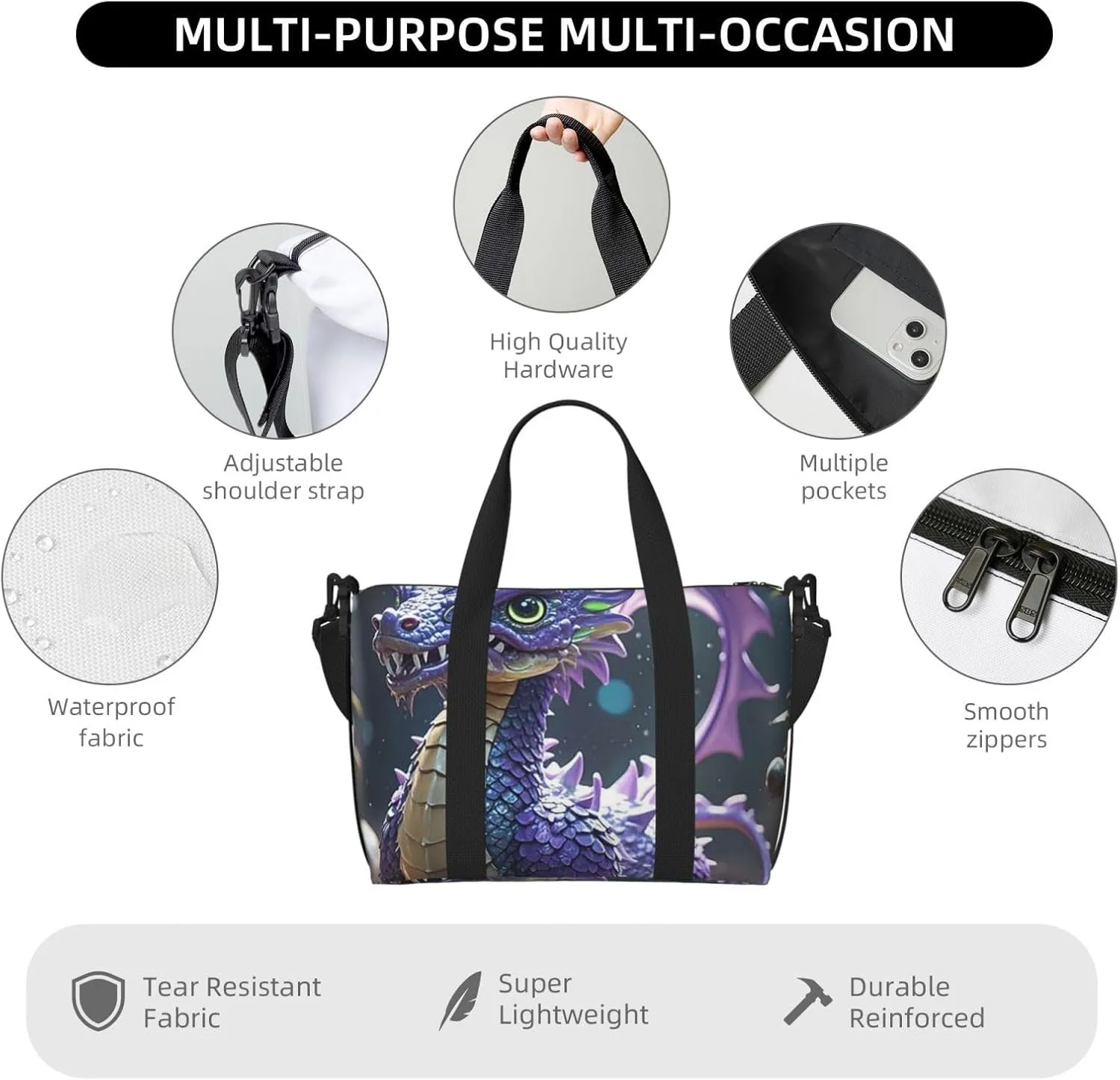 Gym Bag Purple Cool Dragon2 Duffel Bag for Men Women Travel Overnight Bag with Shoe Compartment Workout Bags