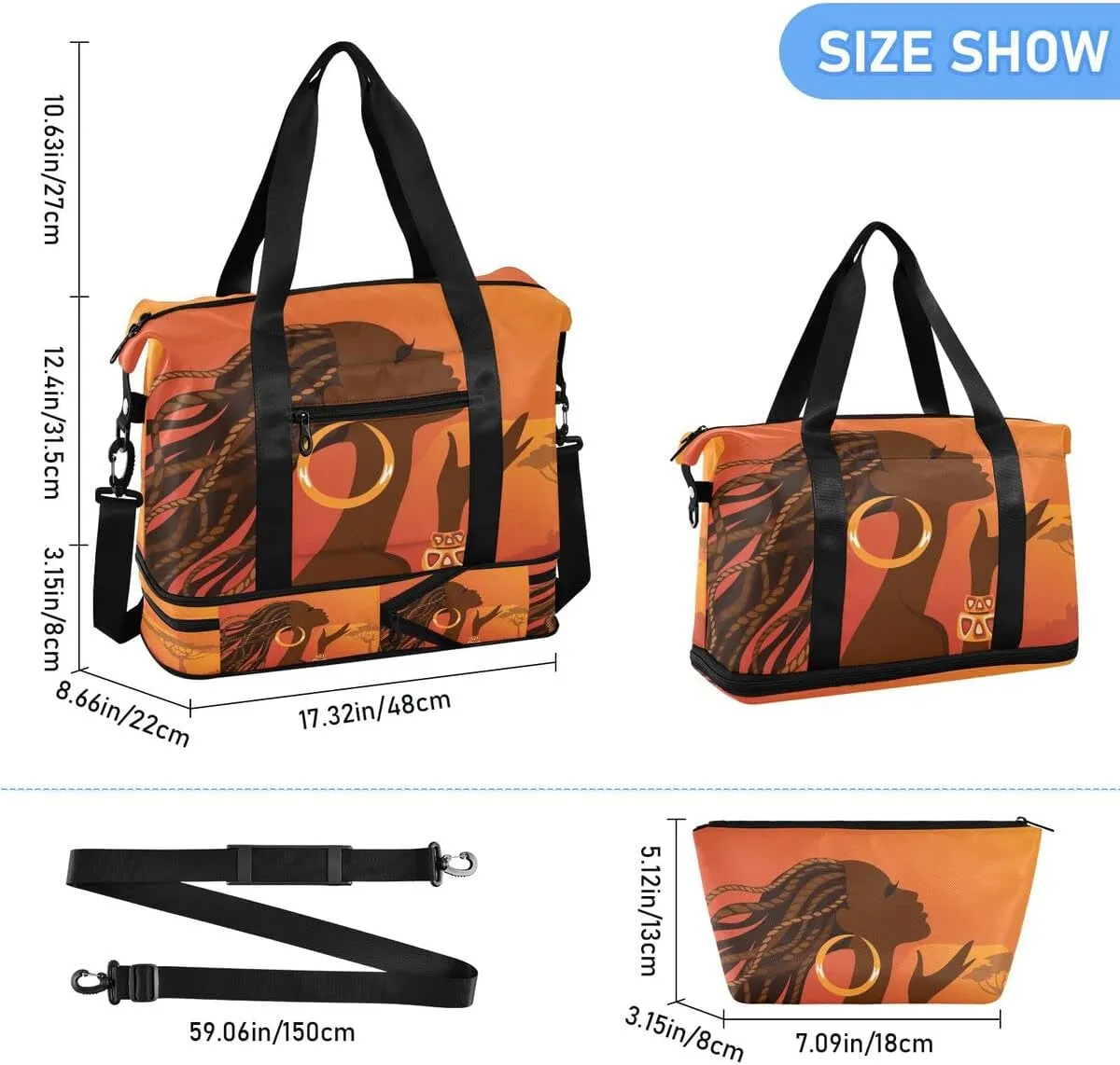Gym Bag Sports Travel Duffel Bag Weekender Overnight Bag with Wet Pocket Shoes Compartment and Toiletry Bag African American Woman for Travel, Business,Gym, Yoga