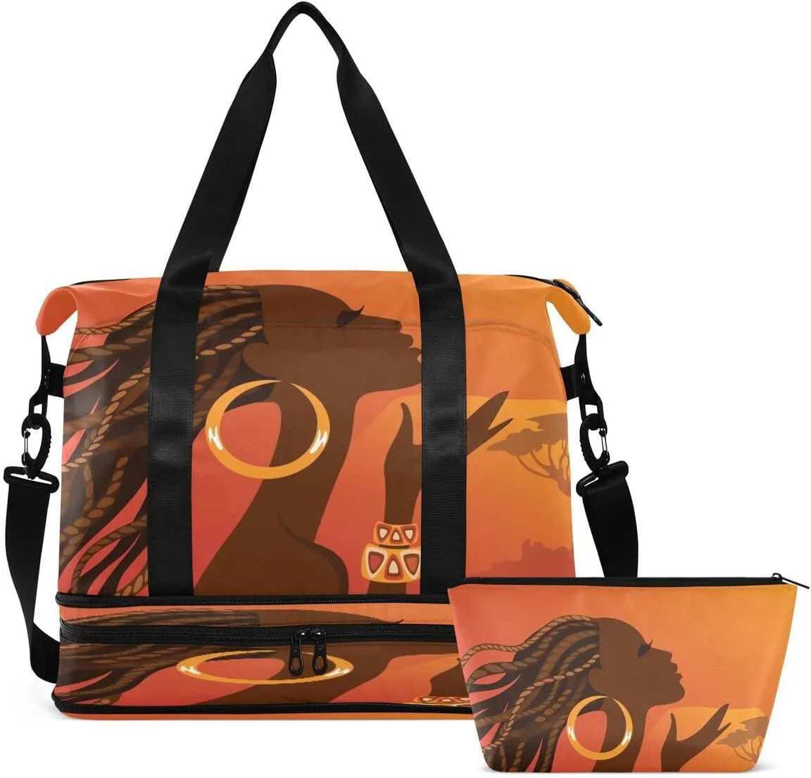 Gym Bag Sports Travel Duffel Bag Weekender Overnight Bag with Wet Pocket Shoes Compartment and Toiletry Bag African American Woman for Travel, Business,Gym, Yoga