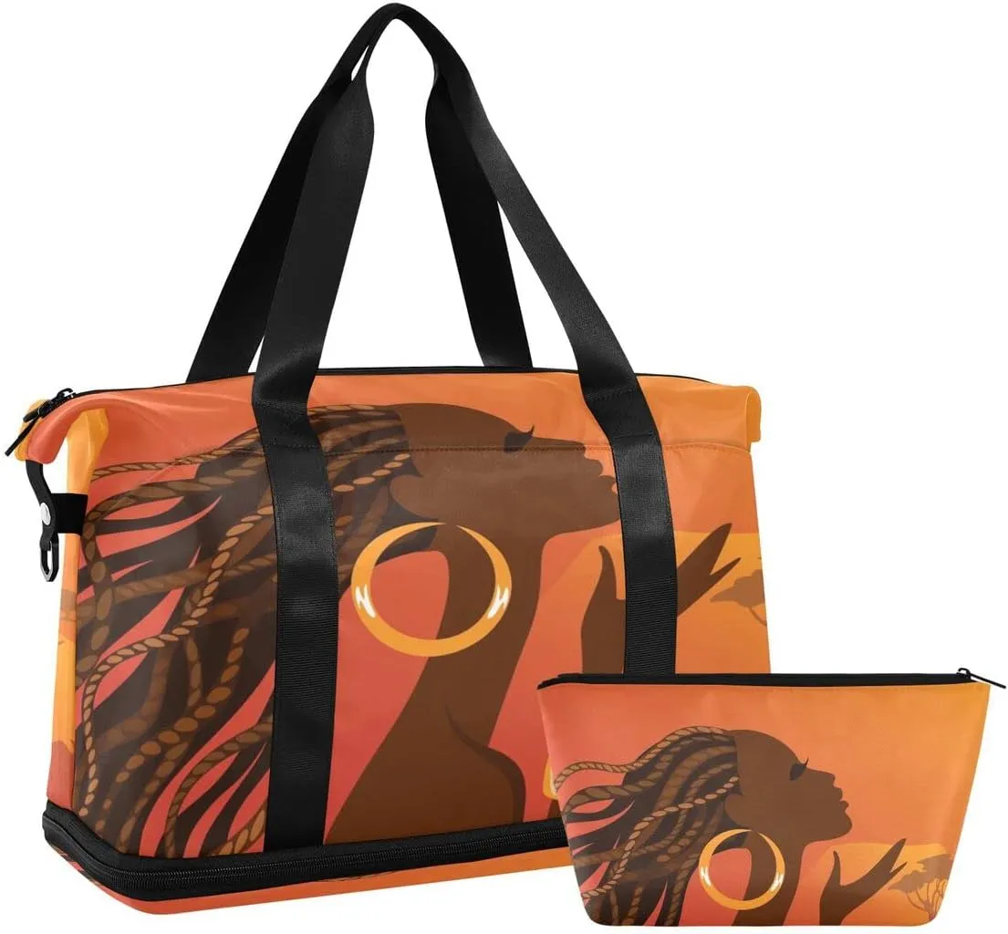 Gym Bag Sports Travel Duffel Bag Weekender Overnight Bag with Wet Pocket Shoes Compartment and Toiletry Bag African American Woman for Travel, Business,Gym, Yoga
