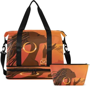 Gym Bag Sports Travel Duffel Bag Weekender Overnight Bag with Wet Pocket Shoes Compartment and Toiletry Bag African American Woman for Travel, Business,Gym, Yoga
