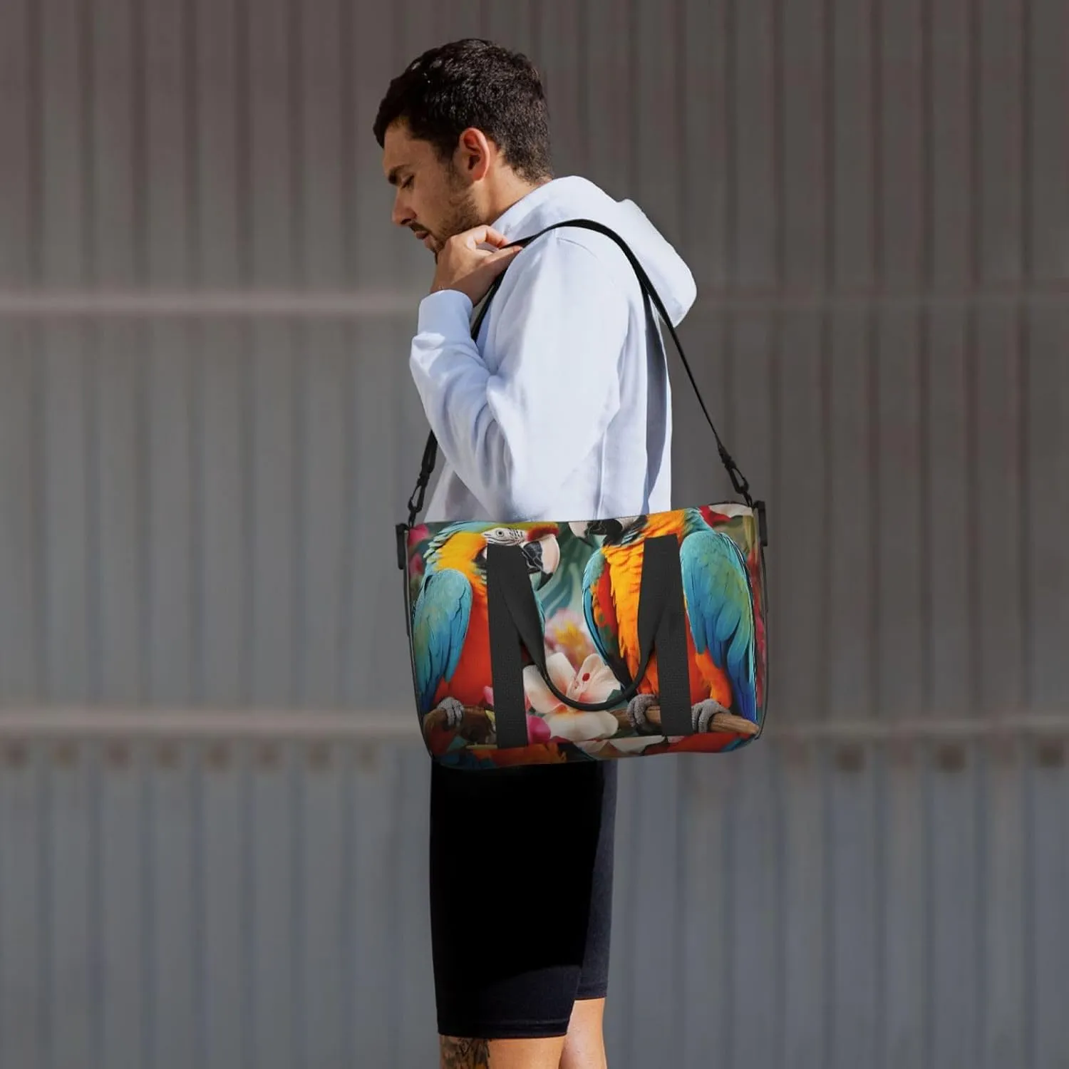 Gym Bag Tropical plants and parrots Duffel Bag for Men Women Travel Overnight Bag with Shoe Compartment Workout Bags