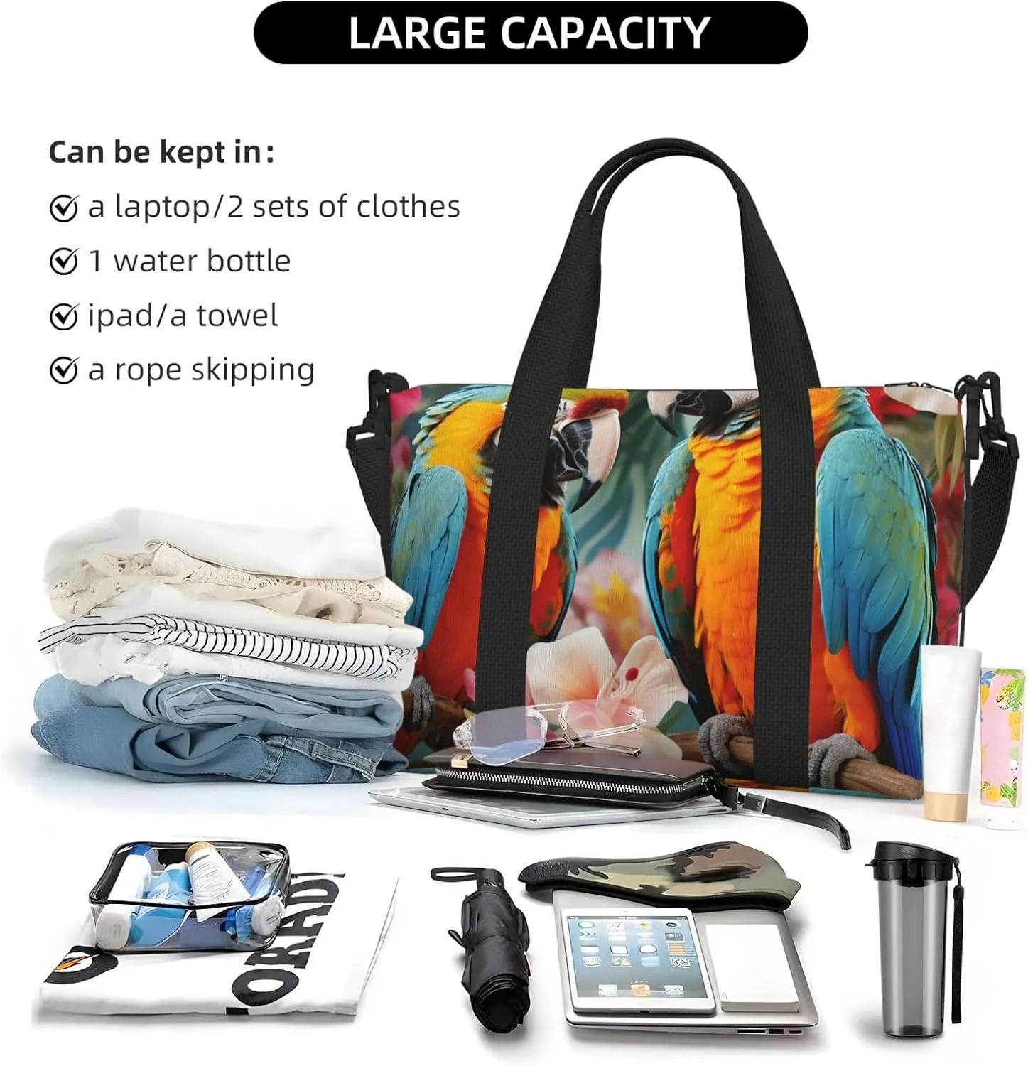 Gym Bag Tropical plants and parrots Duffel Bag for Men Women Travel Overnight Bag with Shoe Compartment Workout Bags