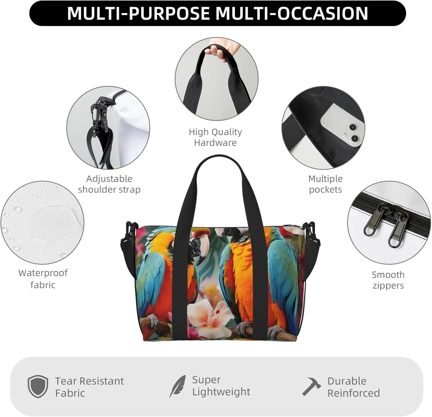 Gym Bag Tropical plants and parrots Duffel Bag for Men Women Travel Overnight Bag with Shoe Compartment Workout Bags