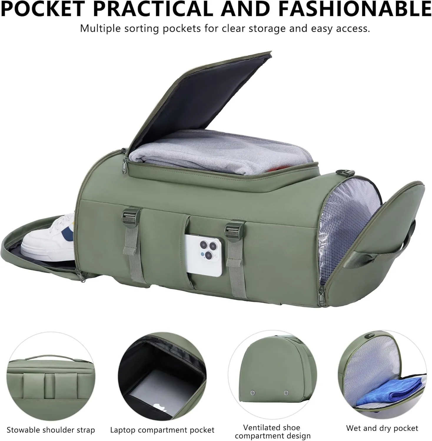 Gym Bag with Shoes Compartment - Duffle Bag for Men and Women, Travel Backpack Weekender Overnight Bag, Sports Bag with Wet Pocket Green - MIYCOO