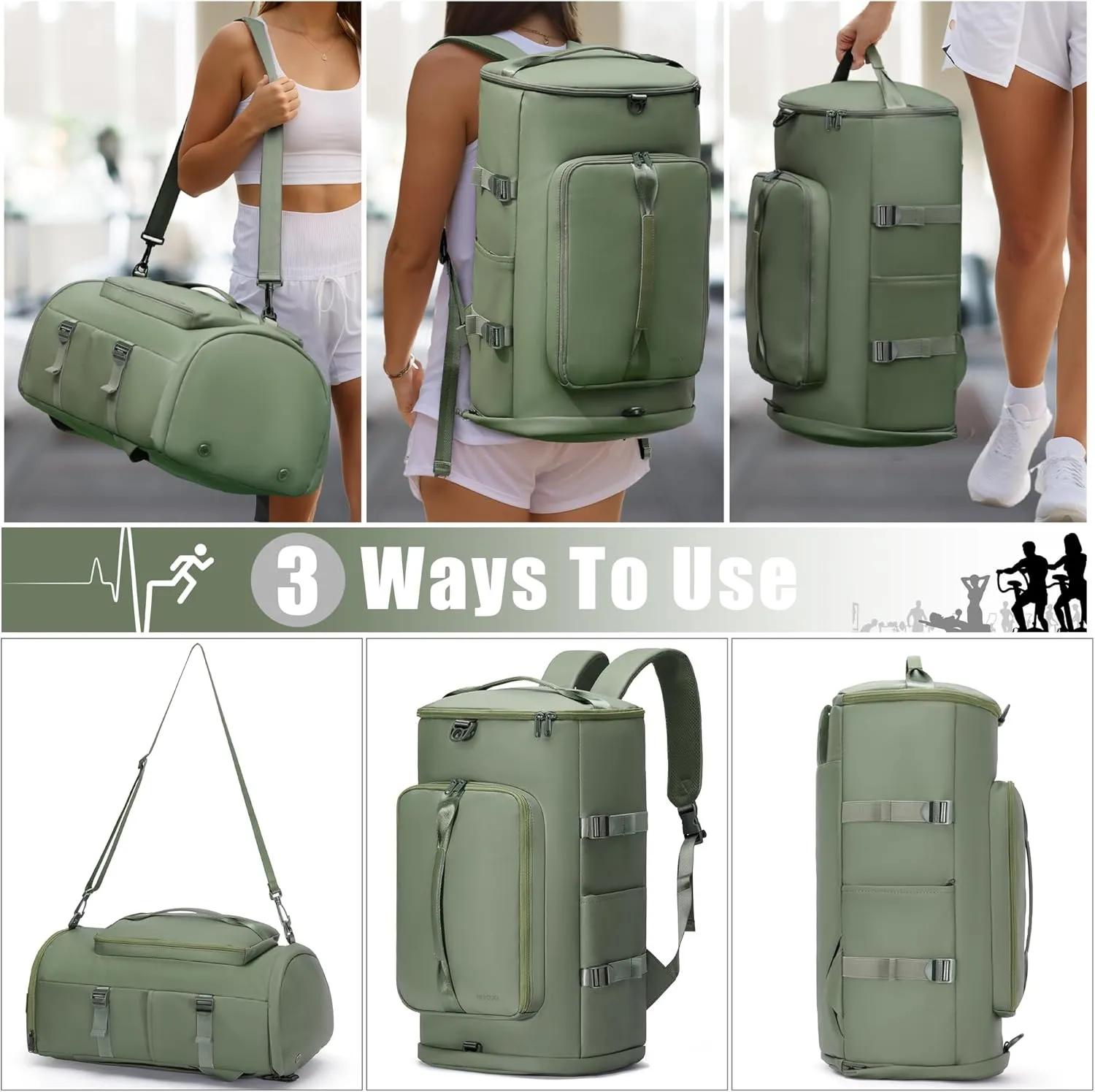 Gym Bag with Shoes Compartment - Duffle Bag for Men and Women, Travel Backpack Weekender Overnight Bag, Sports Bag with Wet Pocket Green - MIYCOO