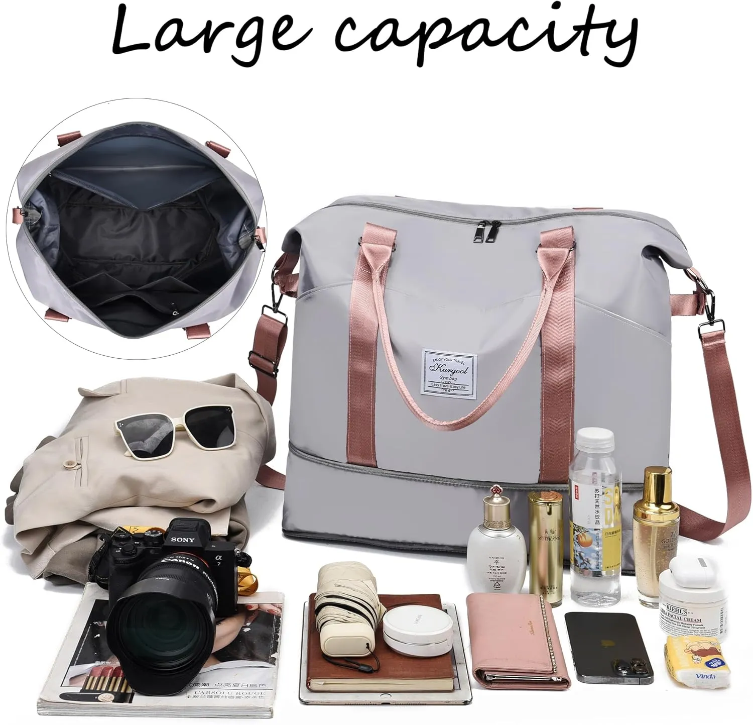 Gym Bag with Wet Pocket, Foldable Travel Duffle Bag Carry On Weekender Bags for Women, Waterproof Overnight Bag for Travel, Gym, Yoga