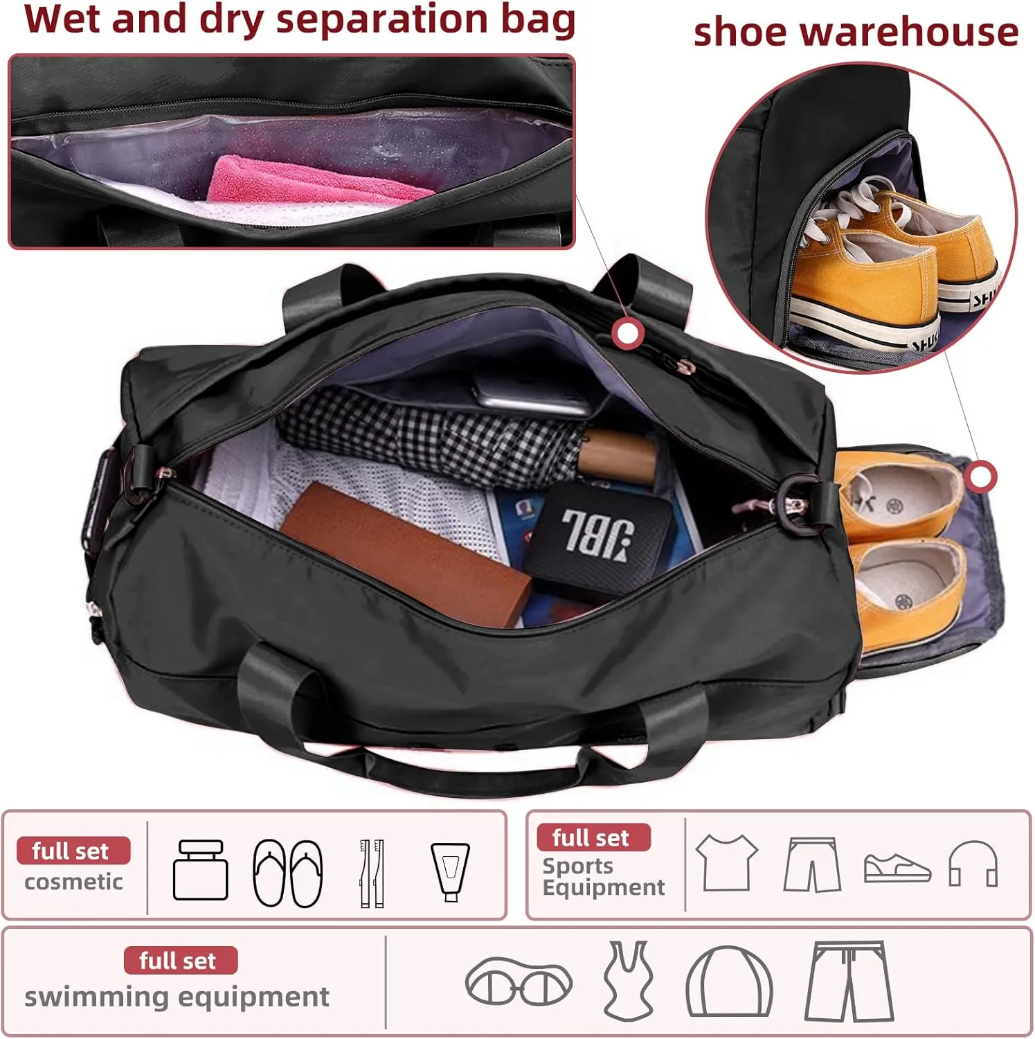 Gym Bag Women Travel Duffel Bag Weekender Overnight Bag Dance Bag Workout Tote Bag with Wet Pocket & Shoes Compartment (Black)