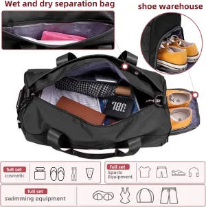 Gym Bag Women Travel Duffel Bag Weekender Overnight Bag Dance Bag Workout Tote Bag with Wet Pocket & Shoes Compartment (Black)