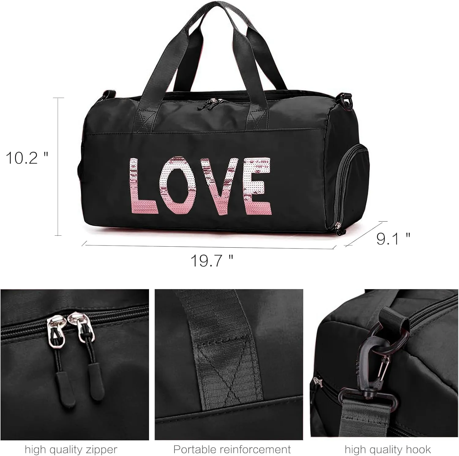 Gym Bag Women Travel Duffel Bag Weekender Overnight Bag Dance Bag Workout Tote Bag with Wet Pocket & Shoes Compartment (Black)