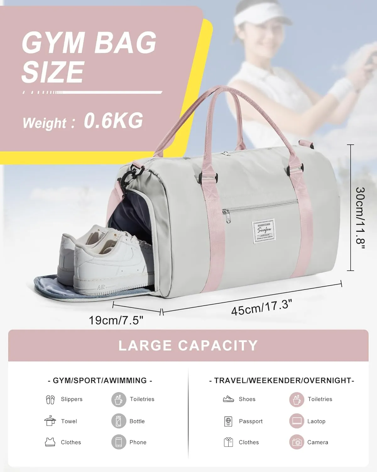 Gym Bag Womens Mens with Shoes Compartment and Wet Pocket Travel Duffel Bag for Women for Plane Sport Gym Tote Bags Swimming Yoga Waterproof Weekend Overnight Carry on Bag Hospital Holdalls