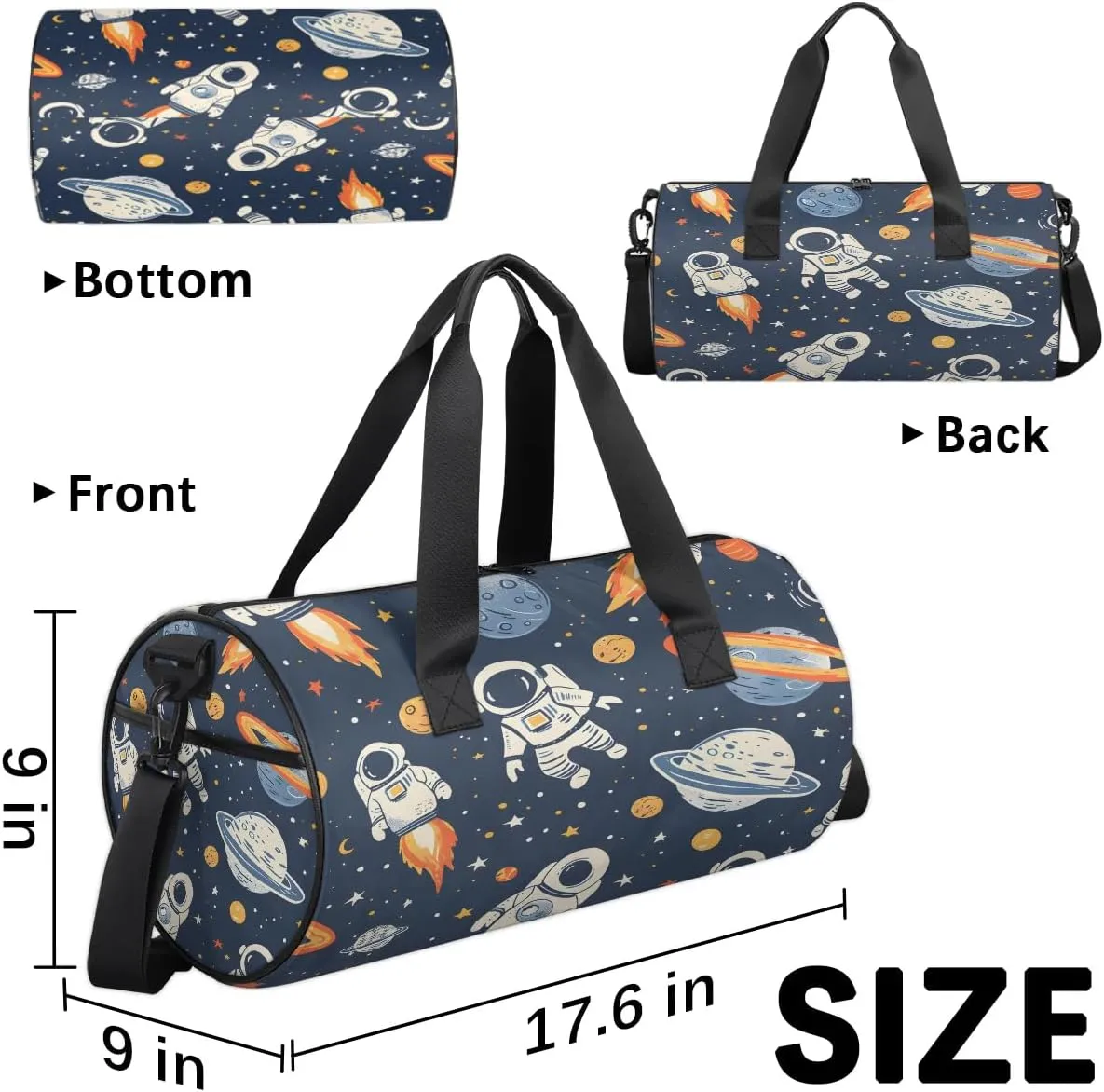 Gym Bags for Men Women Cartoon Planet Astronaut Sports Duffel Bags Carry On Travel Duffle Bag with Detachable Adjustable Shoulder Strap Overnight Weekender Bag