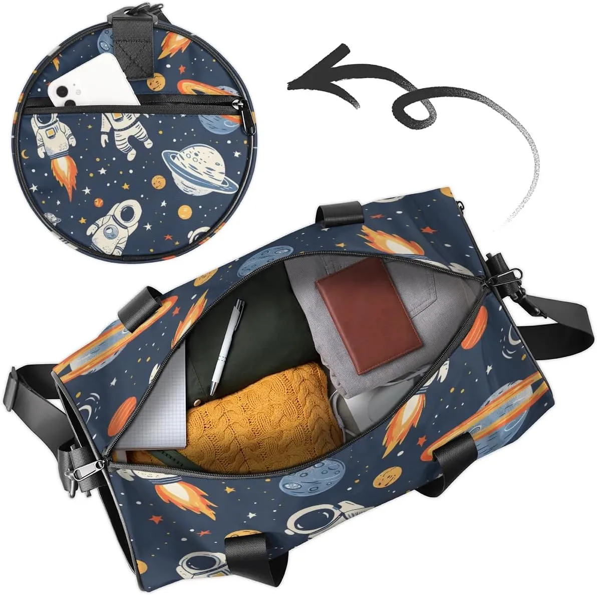 Gym Bags for Men Women Cartoon Planet Astronaut Sports Duffel Bags Carry On Travel Duffle Bag with Detachable Adjustable Shoulder Strap Overnight Weekender Bag