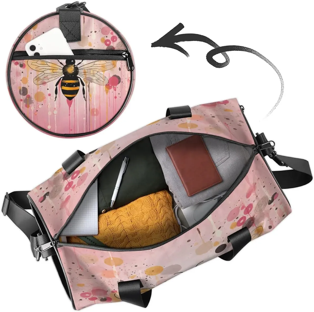Gym Bags for Men Women Creative Bee Sports Duffel Bags Carry On Travel Duffle Bag with Detachable Adjustable Shoulder Strap Overnight Weekender Bag
