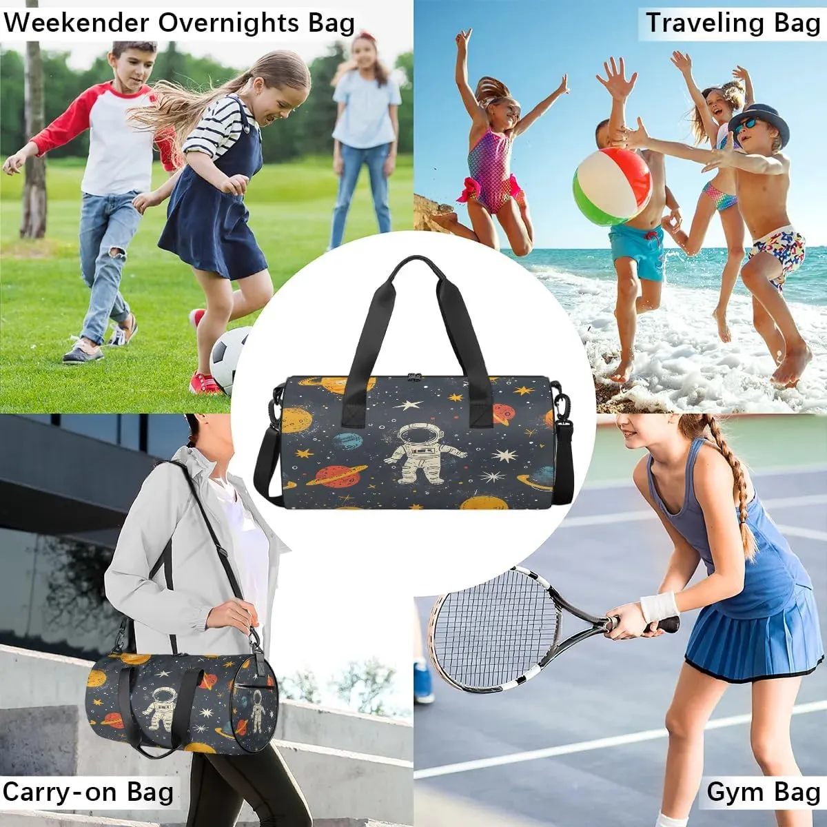 Gym Bags for Men Women Galaxy Astronaut Sports Duffel Bags Carry On Travel Duffle Bag with Detachable Adjustable Shoulder Strap Overnight Weekender Bag