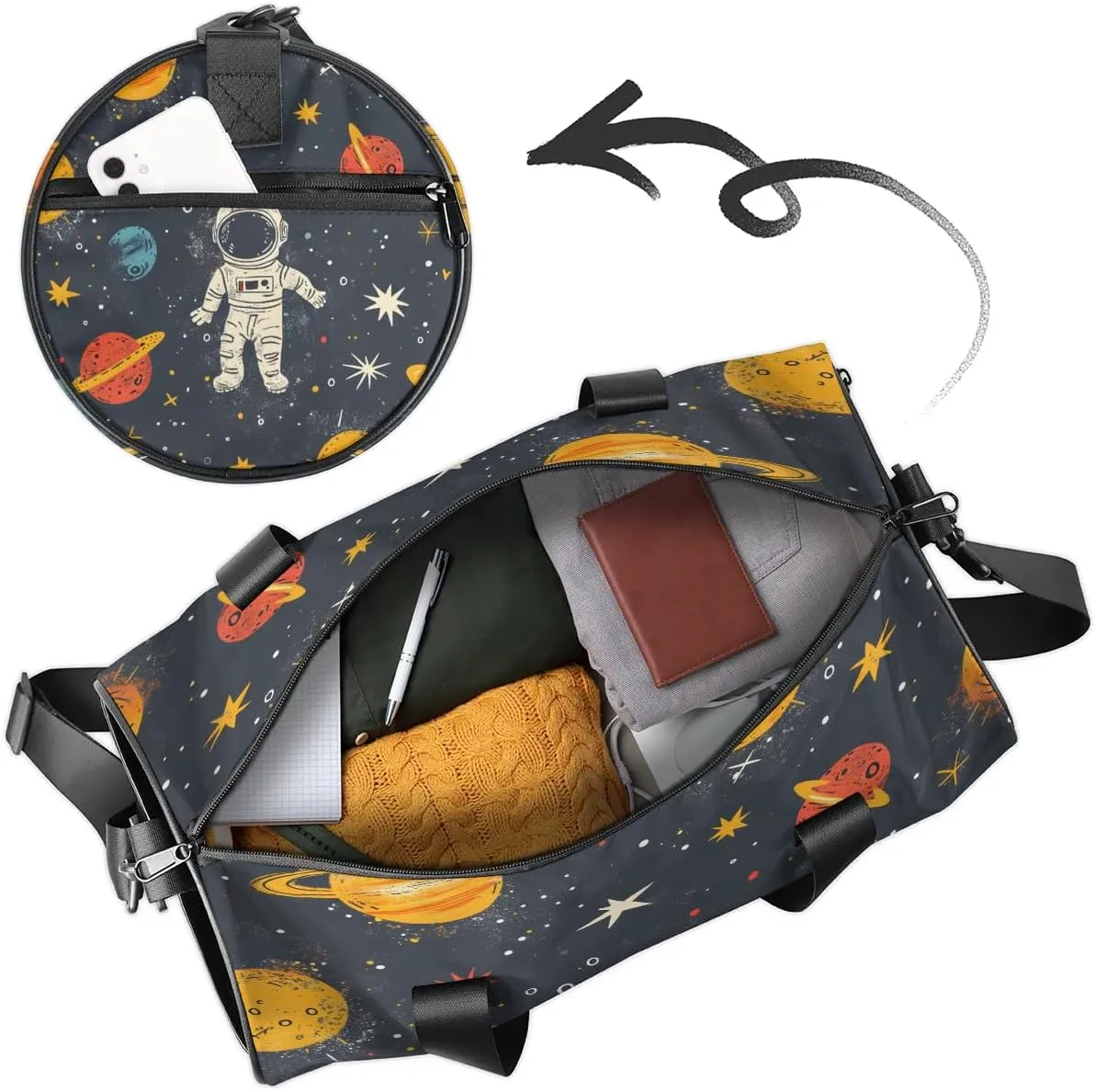Gym Bags for Men Women Galaxy Astronaut Sports Duffel Bags Carry On Travel Duffle Bag with Detachable Adjustable Shoulder Strap Overnight Weekender Bag