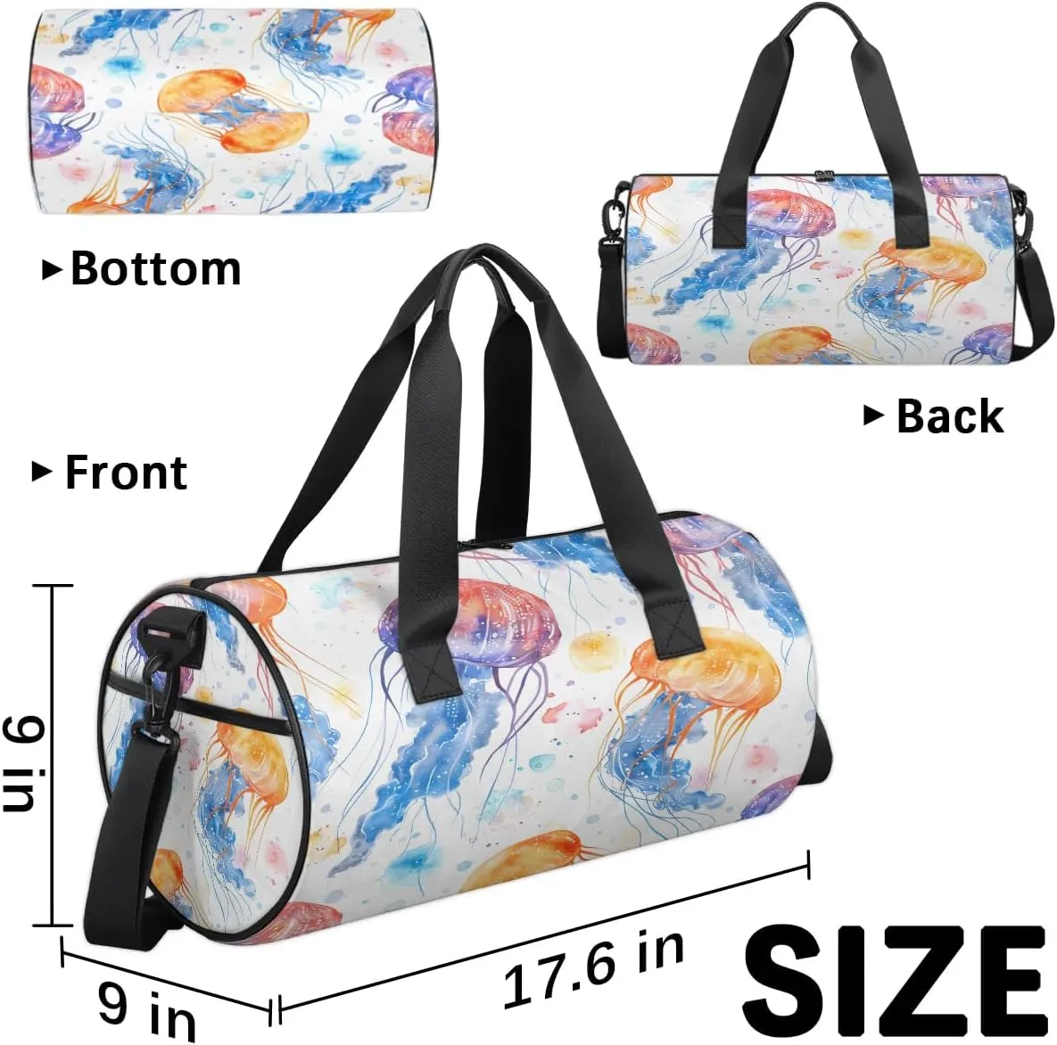 Gym Bags for Men Women Jellyfish Watercolor Sports Duffel Bags Carry On Travel Duffle Bag with Detachable Adjustable Shoulder Strap Overnight Weekender Bag