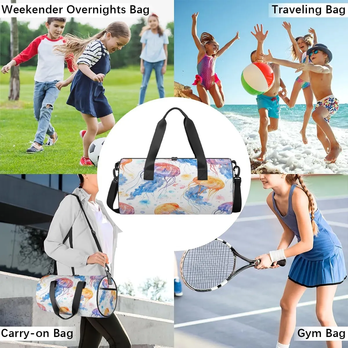 Gym Bags for Men Women Jellyfish Watercolor Sports Duffel Bags Carry On Travel Duffle Bag with Detachable Adjustable Shoulder Strap Overnight Weekender Bag