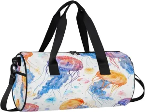 Gym Bags for Men Women Jellyfish Watercolor Sports Duffel Bags Carry On Travel Duffle Bag with Detachable Adjustable Shoulder Strap Overnight Weekender Bag