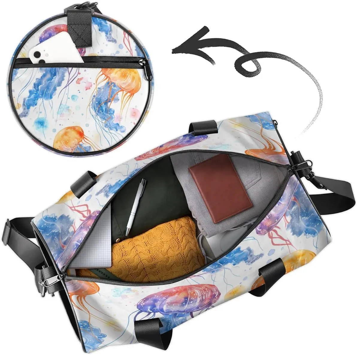 Gym Bags for Men Women Jellyfish Watercolor Sports Duffel Bags Carry On Travel Duffle Bag with Detachable Adjustable Shoulder Strap Overnight Weekender Bag