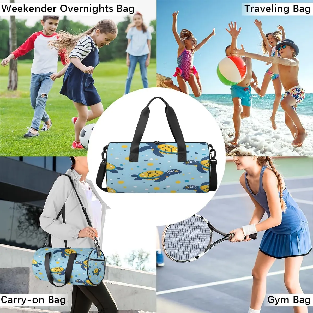 Gym Bags for Men Women Little Turtles Sports Duffel Bags Carry On Travel Duffle Bag with Detachable Adjustable Shoulder Strap Overnight Weekender Bag