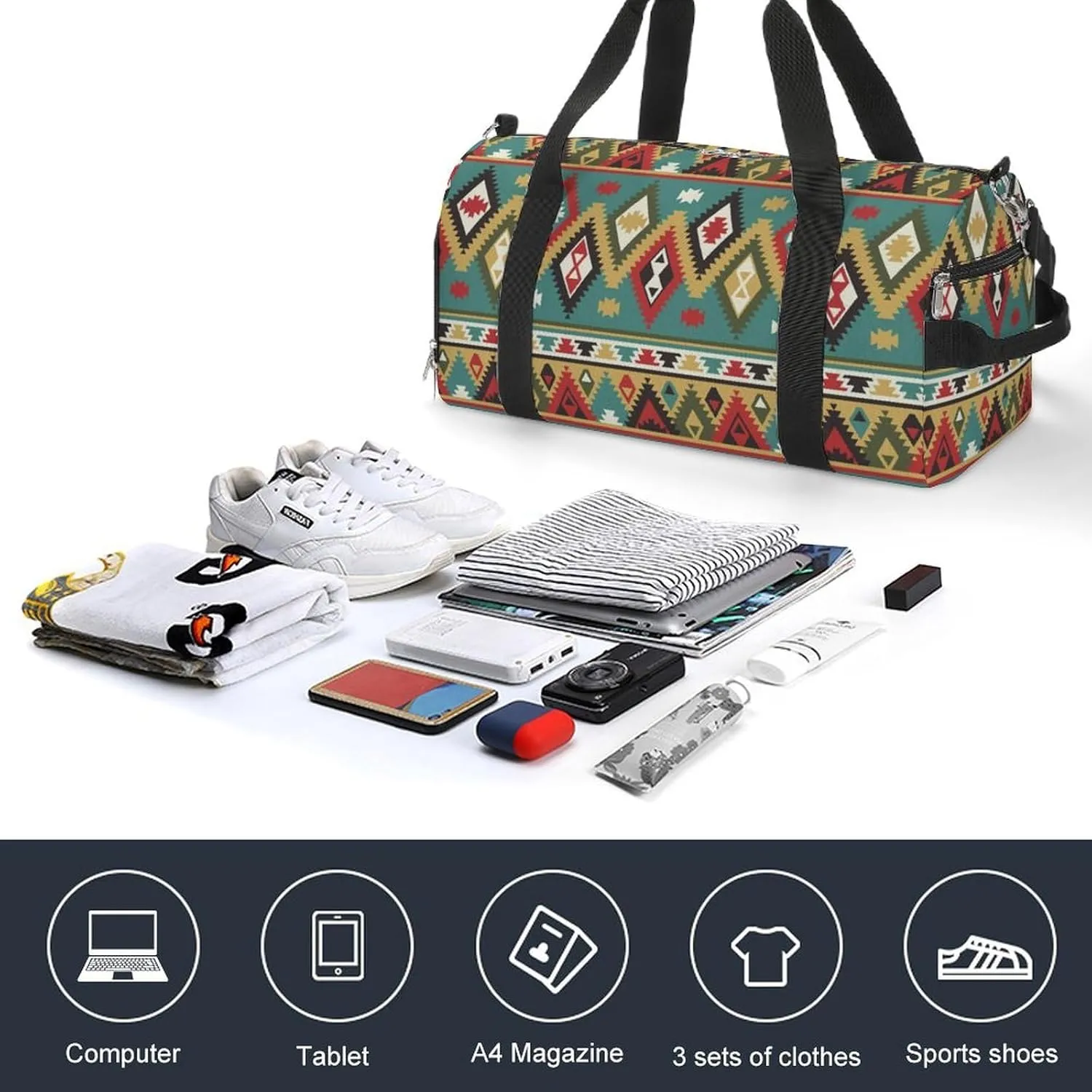 Gym Duffel Bag with Shoe Compartment Wet Pocket, Aztek Tribal Travel Bag for Men Women