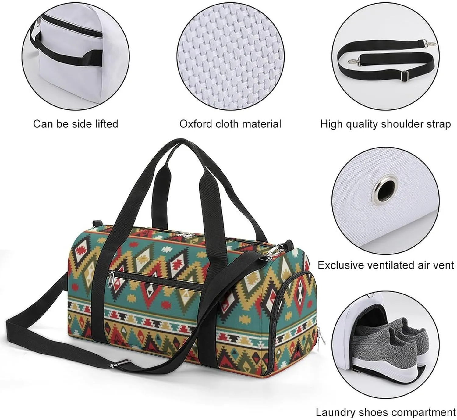 Gym Duffel Bag with Shoe Compartment Wet Pocket, Aztek Tribal Travel Bag for Men Women